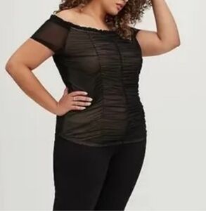 Torrid 6X Mesh Off the Shoulder Ruffle Black Top NEW
